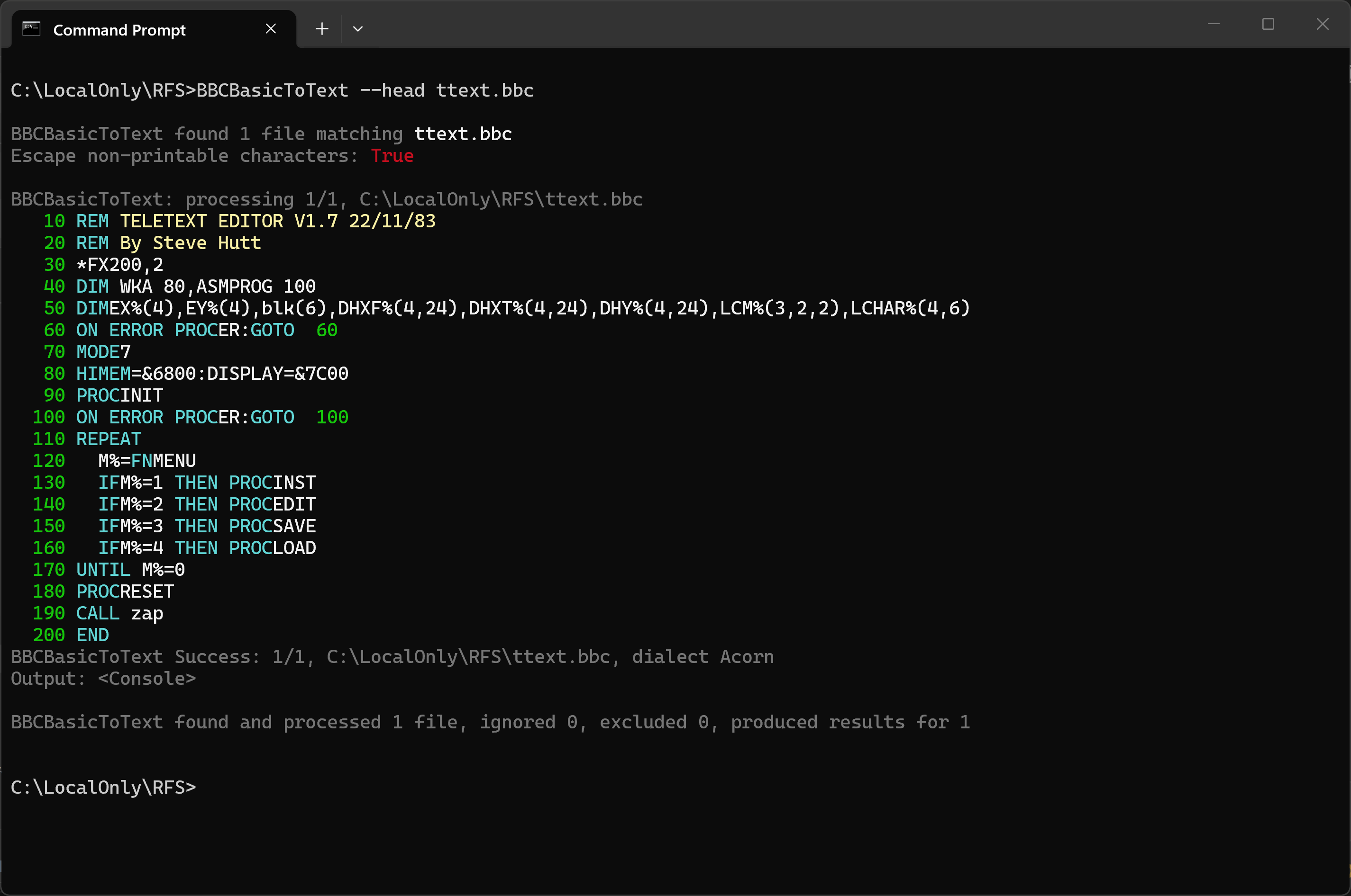 BBCBasicToText showing only the first twenty lines of a BASIC program